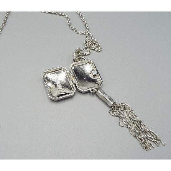 Chico's Silvertone Miracles Locket Crystal Jeweled Long 32" Rolo Chain Necklace - Picture 7 of 13